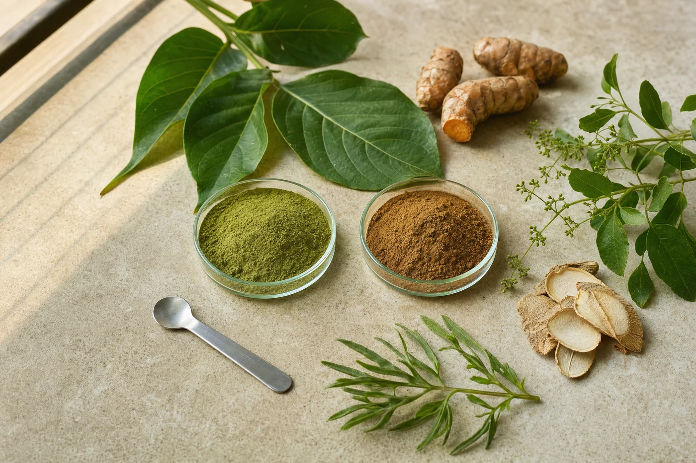Botanical leaves, roots and powdered extracts in glass sample dishes