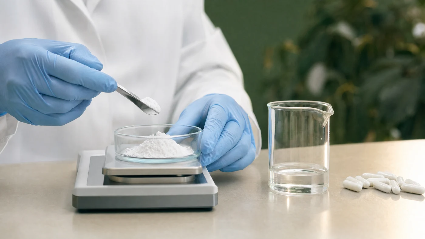Illustrative formulation workbench with ingredient powder being weighed